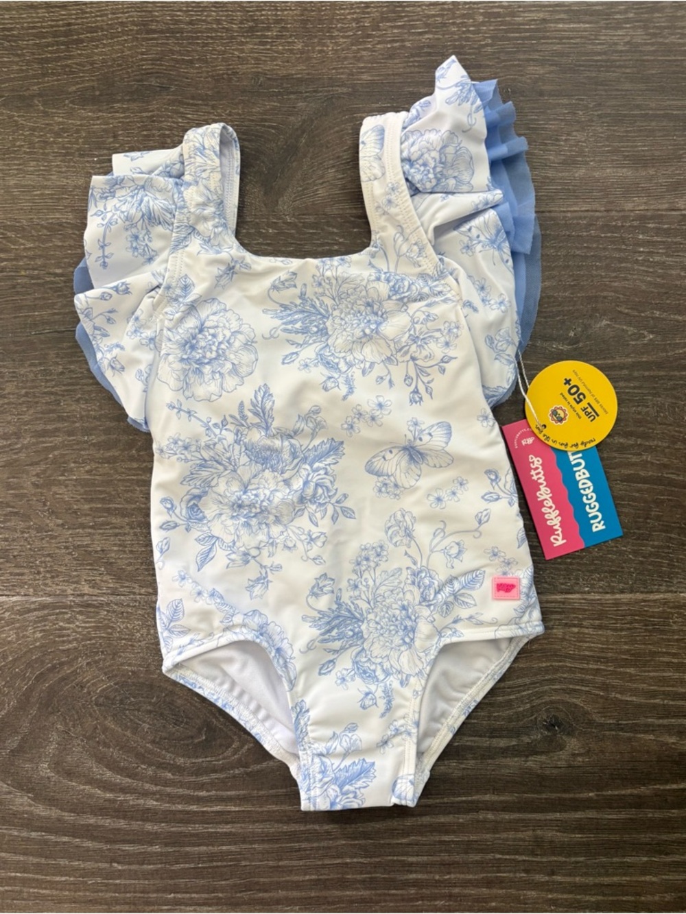 RuffleButts Periwinkle Blue Butterfly Garden Toile Swimsuit - Size 4T NEW!